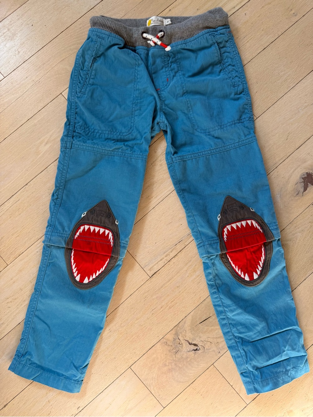 Mini Boden Blue Kids Shark Knee Pants with Red Mouth Detail